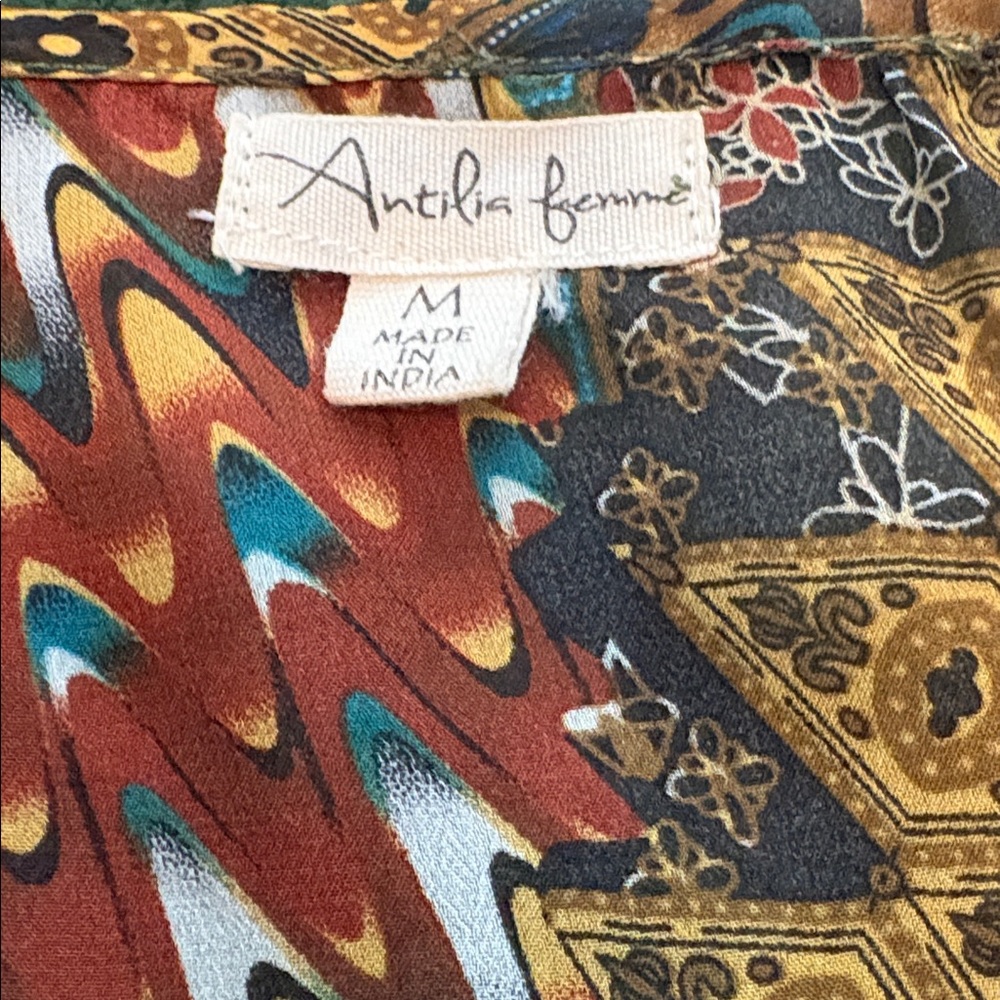 Antilia Femme Semi Sheer Peasant Boho Long Bell Sleeve Top Rust Teal M - Picture 5 of 8